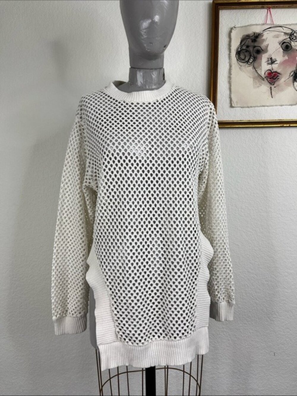 Zara Fishnet Perforated Slit Hem Crew Neck Sweater